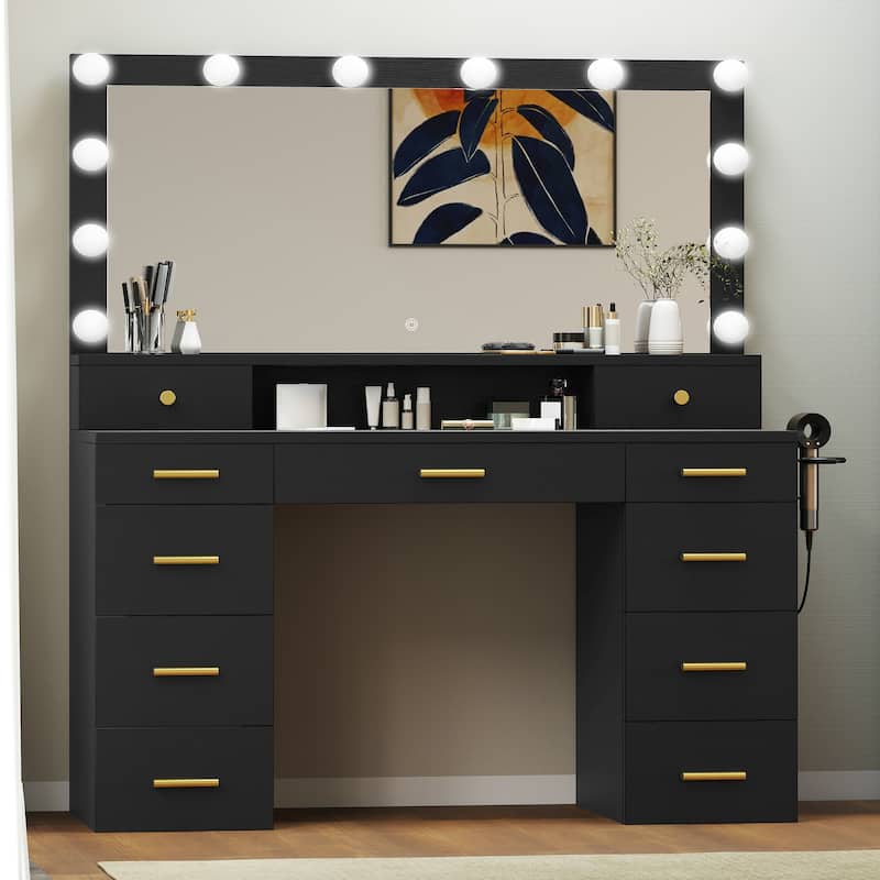 Moasis Large White Vanity Desk with 11 Drawers Mirror Lights USB and Type C Ports for Bedroom - Black