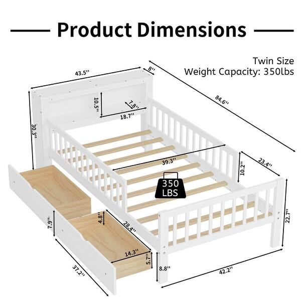 Twin Size Platform Bed with Headboard Storage Rack, 2 Drawers, 3-Side Guardrails