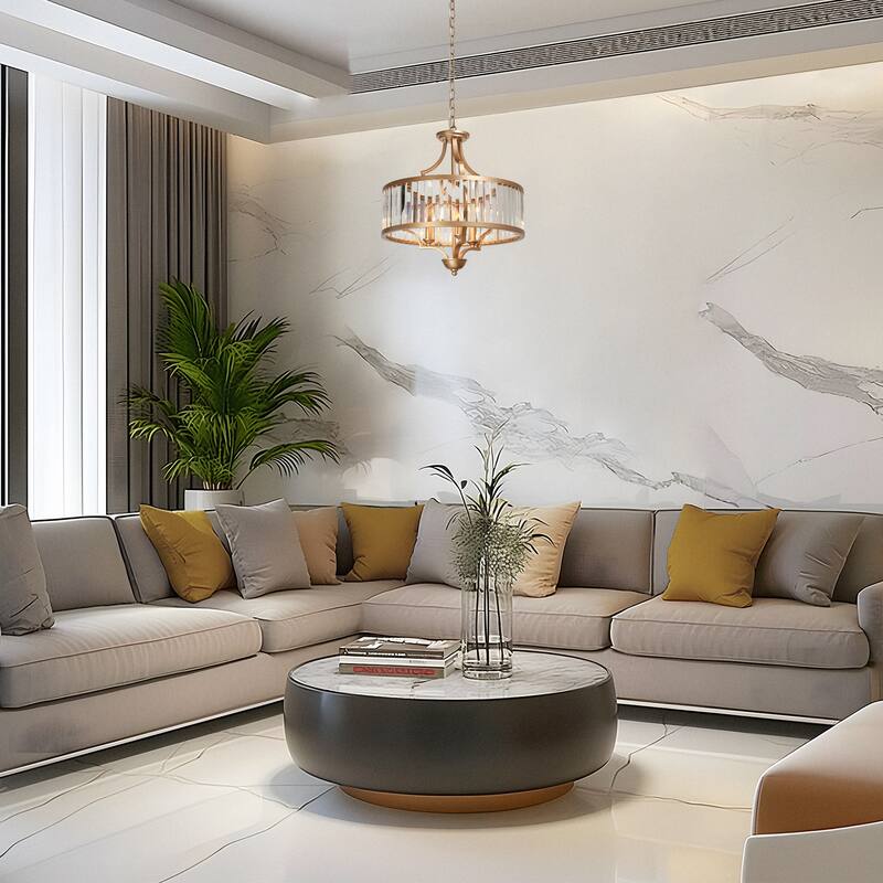 Modern Gold 3-Light Crystal Drum Chandelier for Dining Room Bedroom - D 18" x H 18.5"