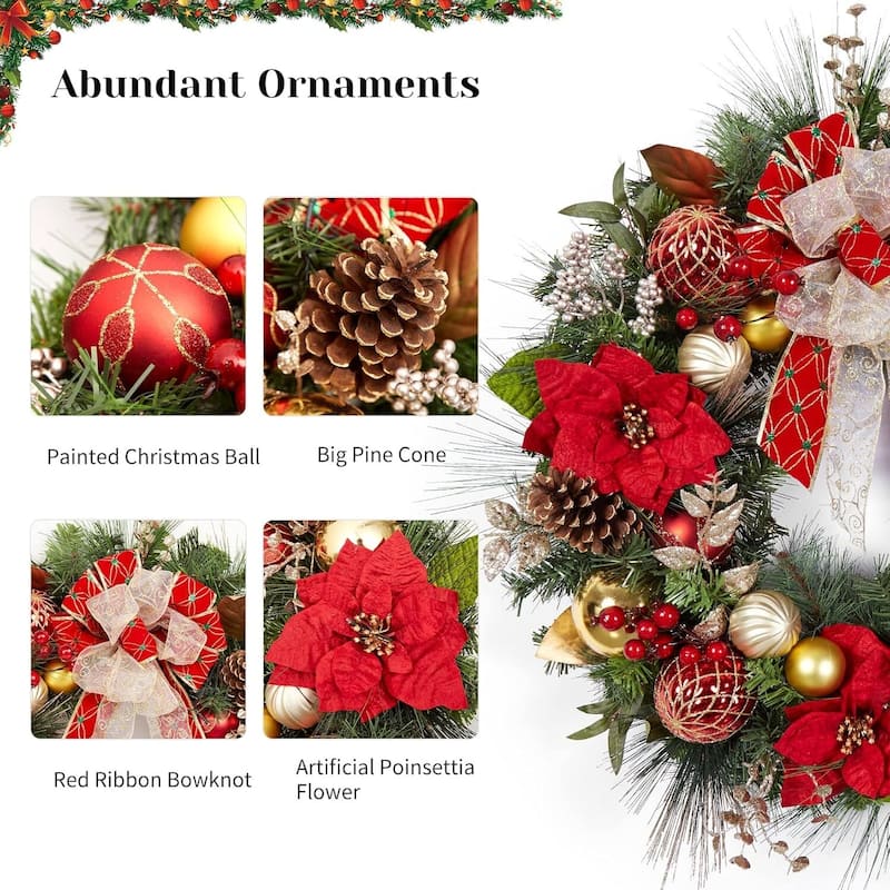 30 Inch Lighted Christmas Wreath with Red Gold Balls for Front Door - N/A
