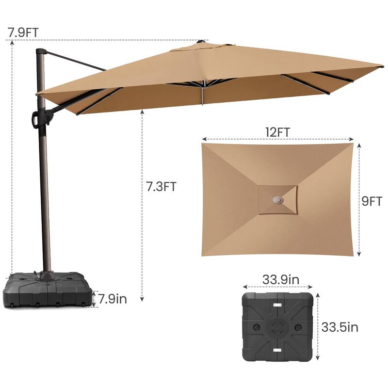 9 x 12 ft Outdoor Patio Cantilever Offset Umbrella with Heavy Duty Sand Water Fillable Base
