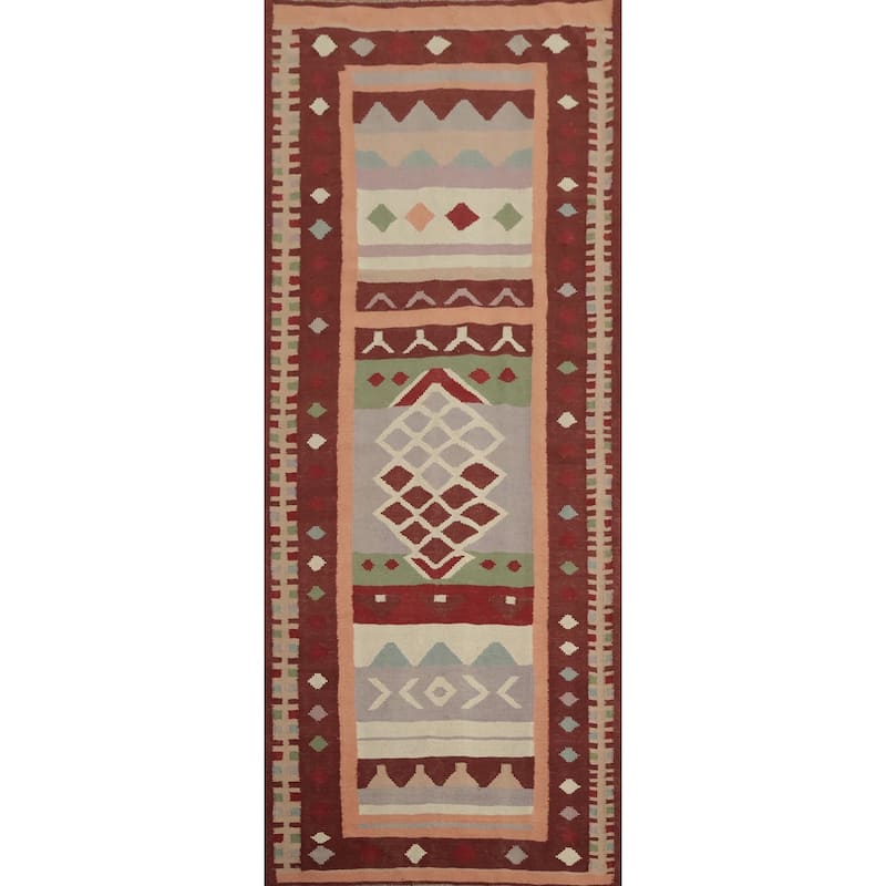 Hand Woven Oriental 100% Wool Carpet Southwestern Tribal Multi-Colored Kilim Runner Rug - 9' 10'' X 3' 4''