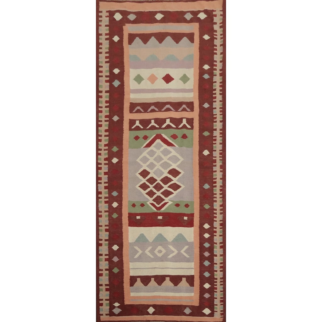 Hand Woven Oriental 100% Wool Carpet Southwestern Tribal Multi-Colored Kilim Runner Rug - 9' 10'' X 3' 4''