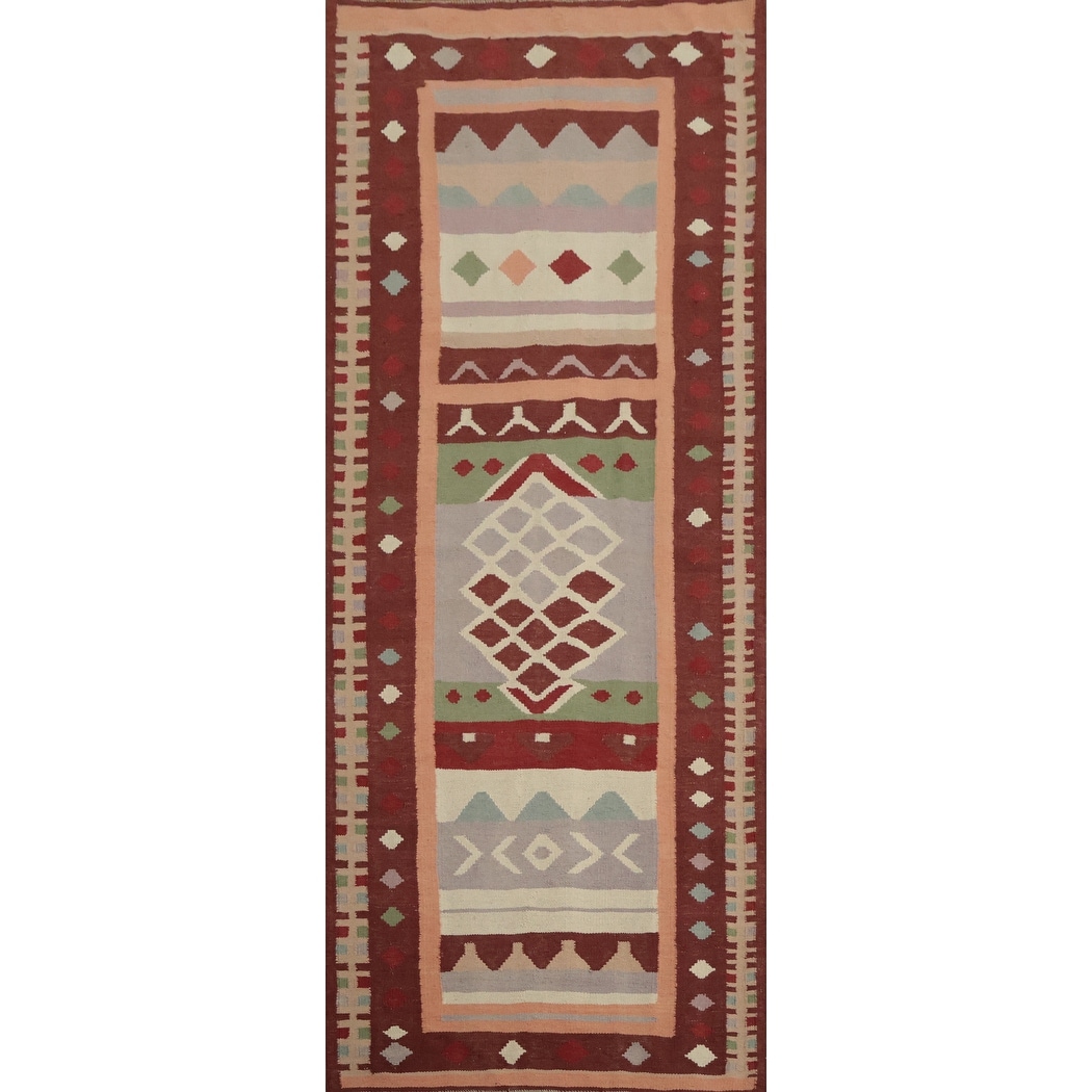 Hand Woven Oriental 100% Wool Carpet Southwestern Tribal Multi-Colored Kilim Runner Rug - 9' 10'' X 3' 4''