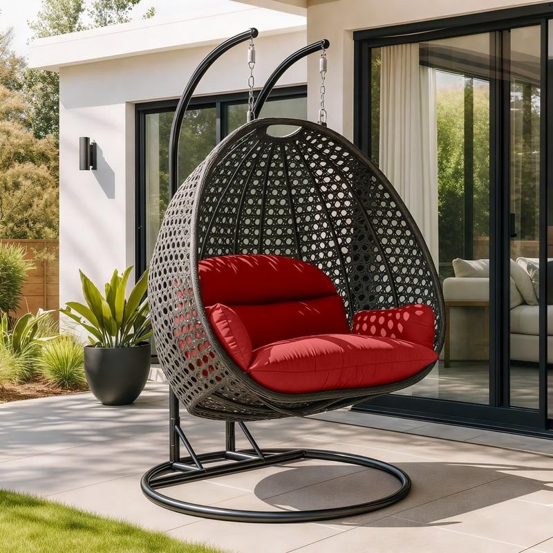 LeisureMod 2-Person Charcoal Wicker Egg Swing - Includes Metal Stand & Cushions - Modern Double Patio Lounger