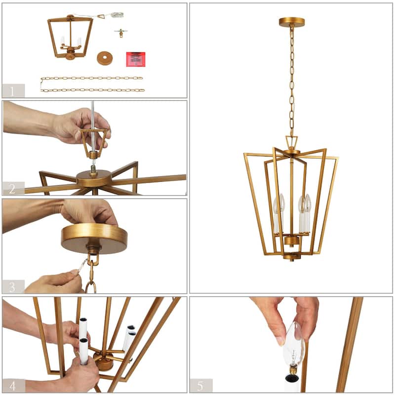 16'' Mid-century Modern 4-light Lantern Pendent Lights Geometrical French Country Candle Style Chandelier - 16 in