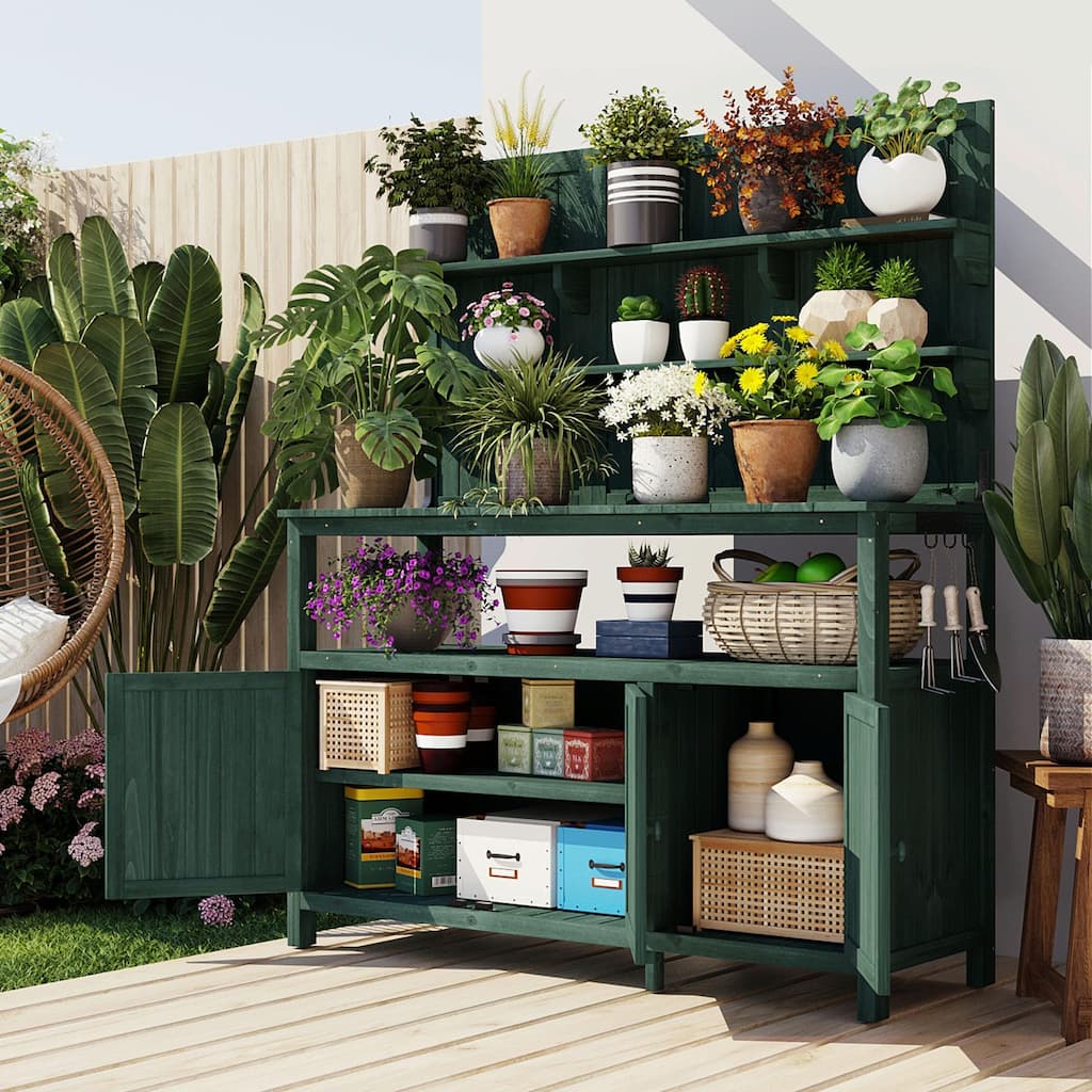 Outdoor Planting Table - 50.2" Potting Bench with Hutch, 2 Shelves, 2 Cabinets, and 3 Side Hooks