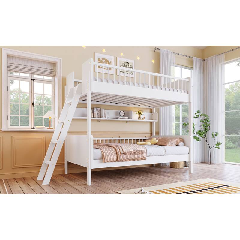 Roomfitters Twin Over Twin Bunk Bed with 3 Storage Shelves and Interchangeable Ladder
