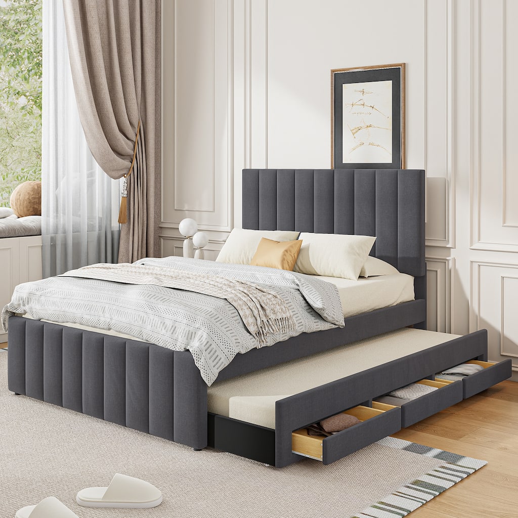 Full Upholstered Platform Bed with Trundle and Drawers, Linen Fabric, Gray