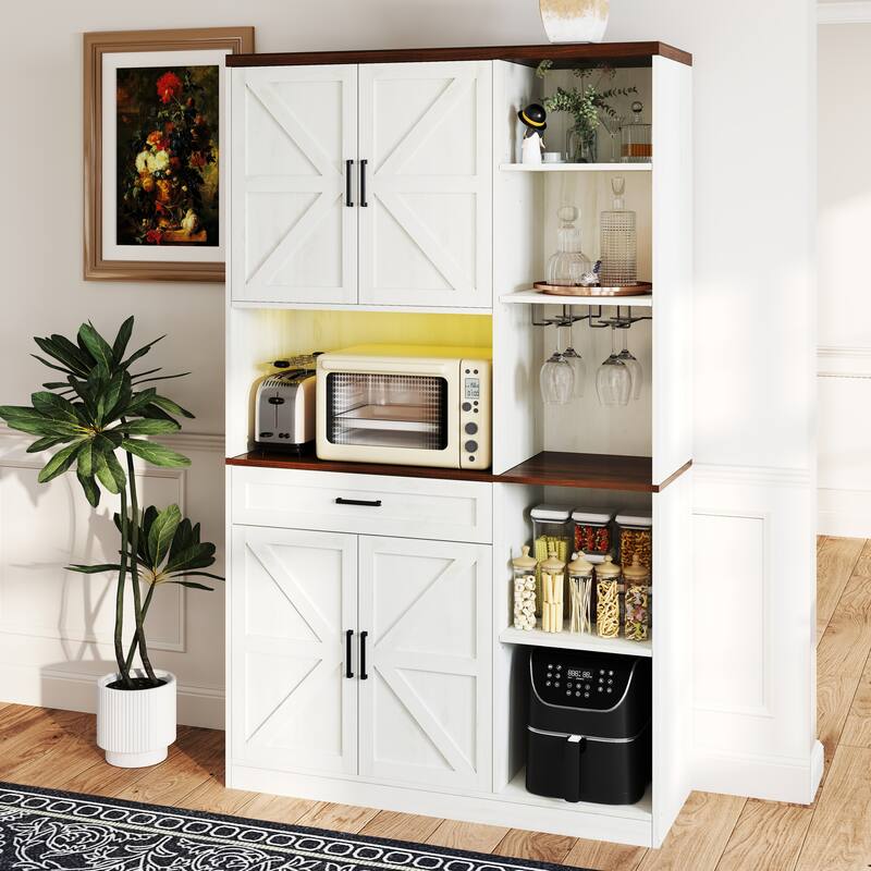 GDFStudio - Elsie 71" Farmhouse Kitchen Pantry Sideboard with Hutch, Drawer, Glass Holder & Charging Station