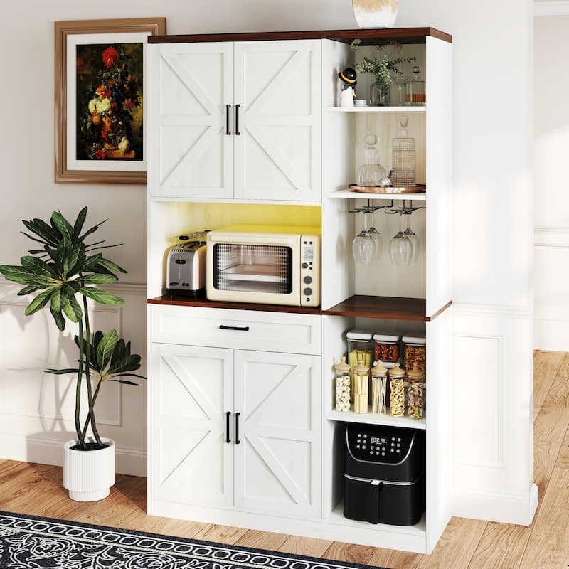 Kitchen Sideboard with Charging Station, Multifunctional Buffet Cabinet with Glass Holder, 1 Drawer & 5 Adjustable Shelves