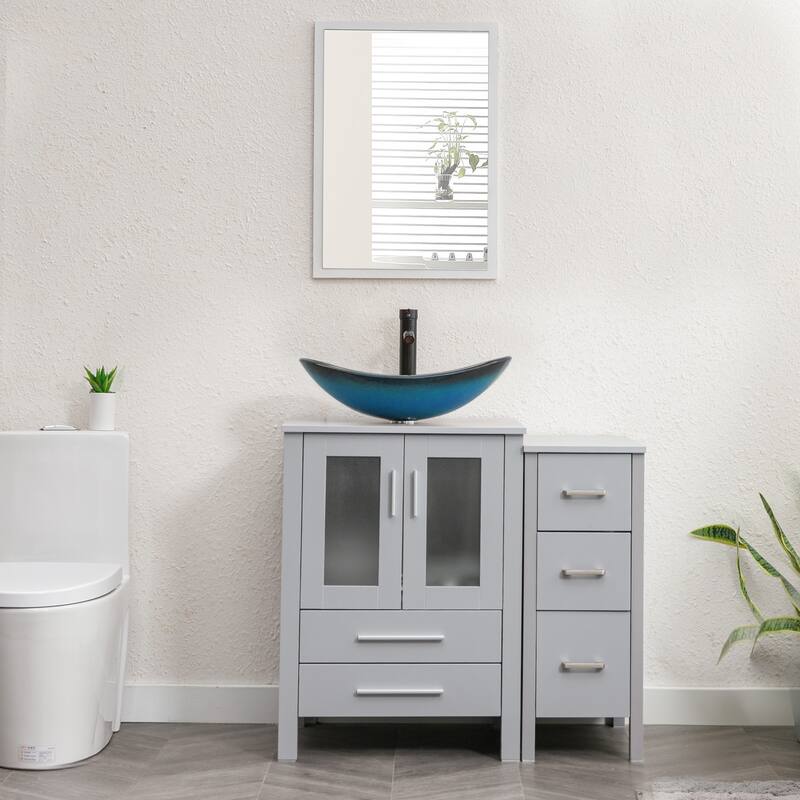 36" Bathroom Vanity Sink Gray Set with Side Cabinet Vessel Sink Mirror Faucet Combo - Glass blue boat sink