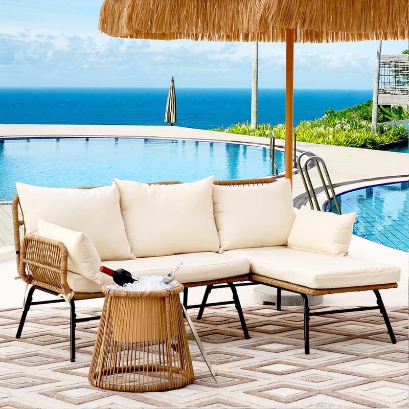 3-Piece Outdoor Boho Patio Furniture Set, L-Shaped Sectional Sofa with Ice Bucket Table, All-Weather Wicker Conversation Set - Beige