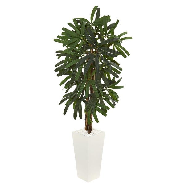 Nearly Natural 5.5' Raphis Palm Artificial Tree in White Tower Planter