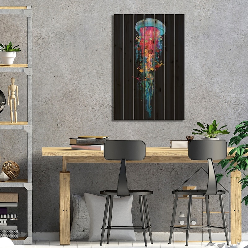 Super Electric Jellyfish World Print On Wood by David Loblaw - Multi-Color
