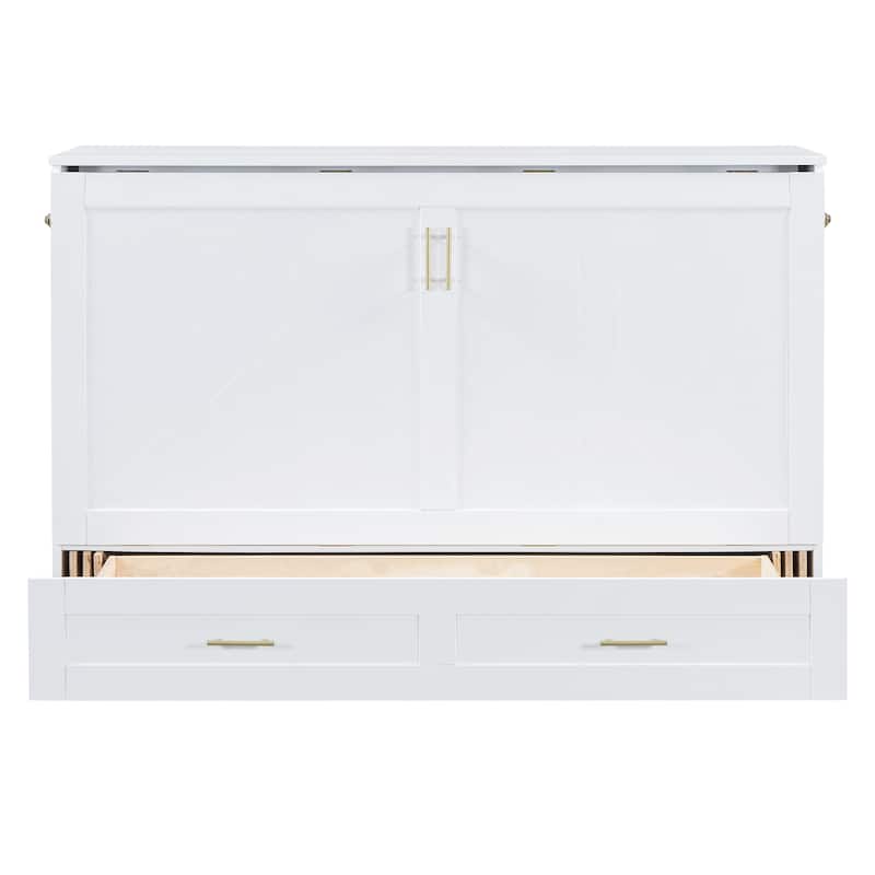 Queen Size Murphy Bed with Pulley System, Storage Drawer, USB Ports, and Sockets, Space-Saving