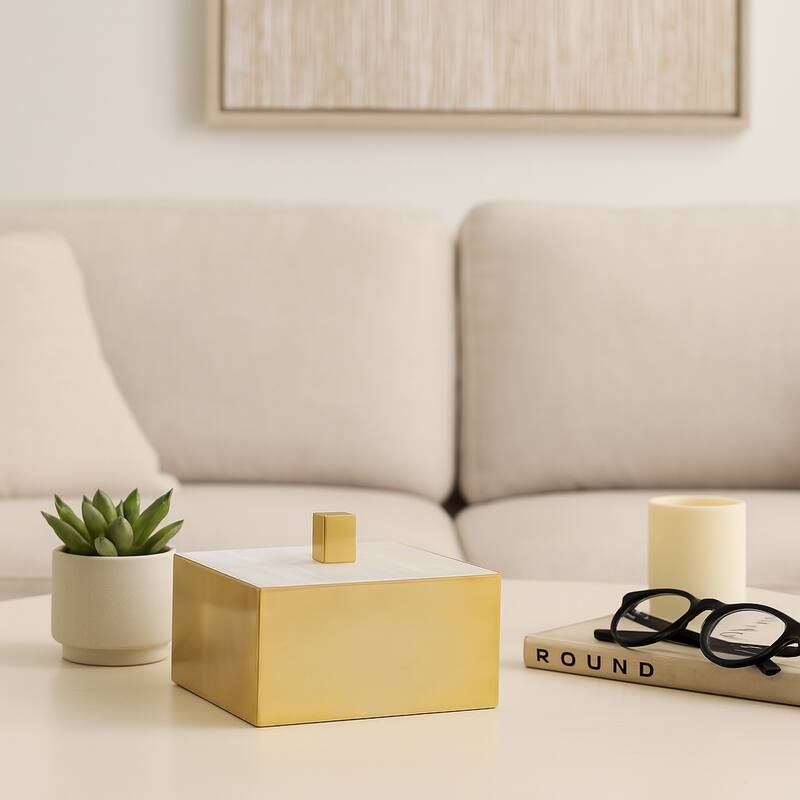 Stone Metal Decorative Box Square Selenite Stainless Steel Modern Glam - 6" x 6" x 4"