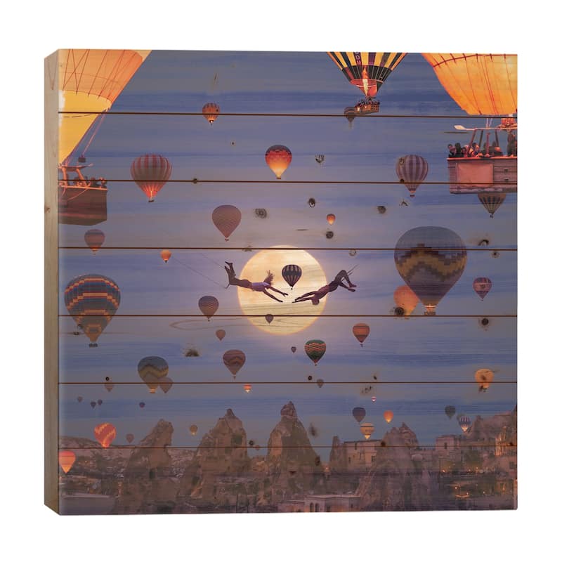 Full Moon Acrobat Balloons Print On Wood by Hobopeeba - Multi-Color - 26x26x1.5