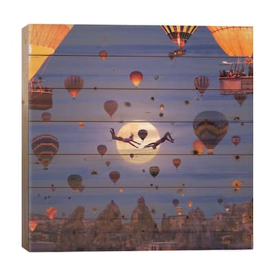 Full Moon Acrobat Balloons Print On Wood by Hobopeeba - Multi-Color