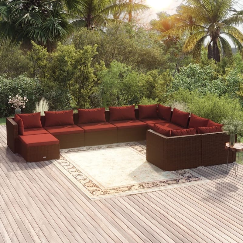 vidaXL Patio Lounge Set with Cushions Poly Rattan Brown - 27.6" x 27.6" x 24" - 27.6" x 27.6" x 24" - Brown 10 Piece