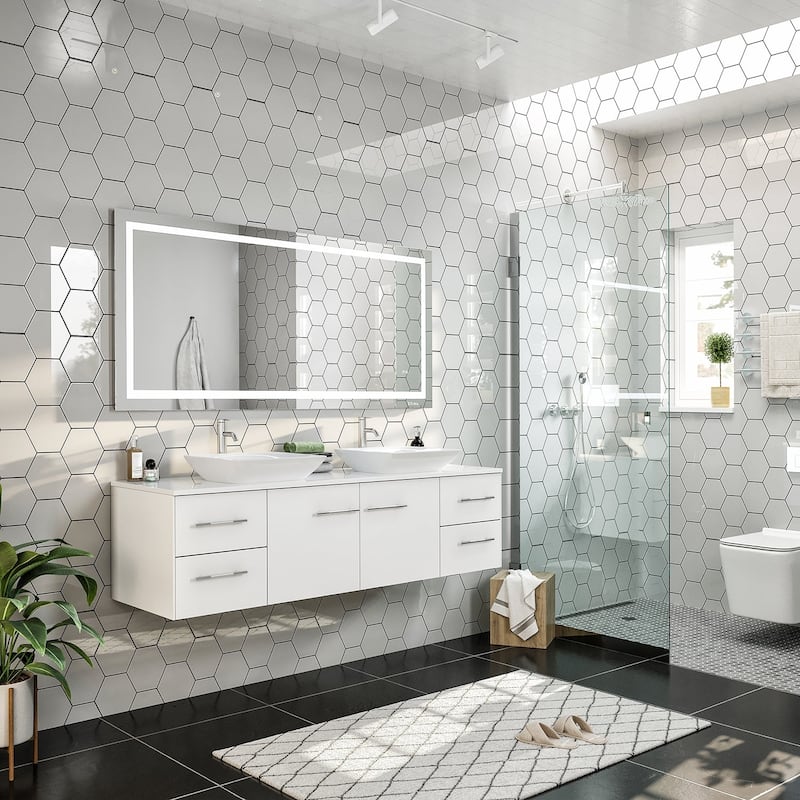 Eviva Wave 60" White DS Bath Vanity with Quartz Top & Vessel Sinks