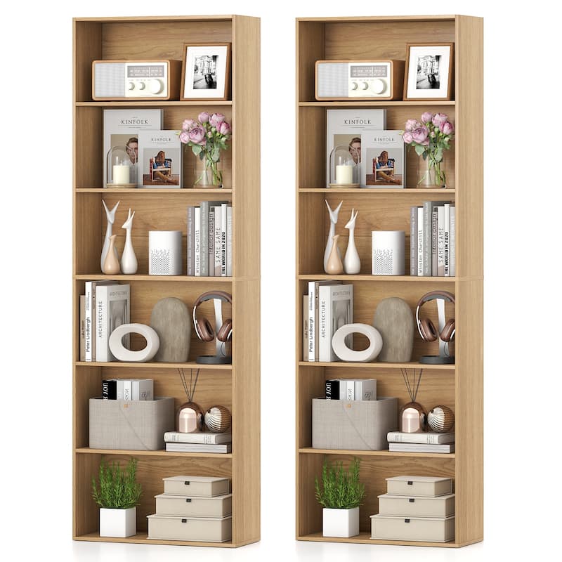 Gymax Set of 2 70'' Tall 6-Tier Bookcase w/6 Open Shelves - Natural