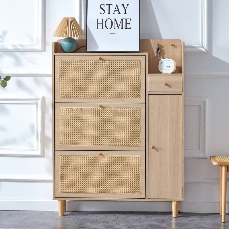 Minimalist MDF Shoe Cabinet with Japanese Rattan Design for Hallways or Living Room Storage Solutions