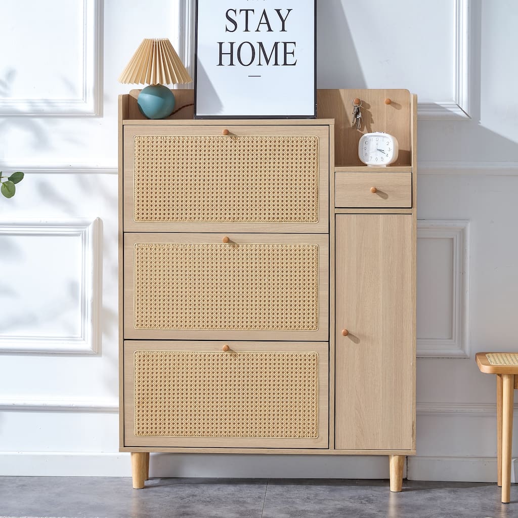 Minimalist MDF Shoe Cabinet with Japanese Rattan Design for Hallways or Living Room Storage Solutions