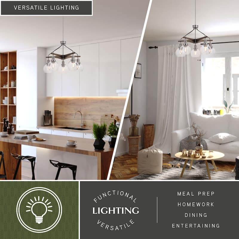 Avondale 25.5-in Satin Nickel and Wood Farmhouse 5 Light Chandelier Dining Room Hanging Fixture