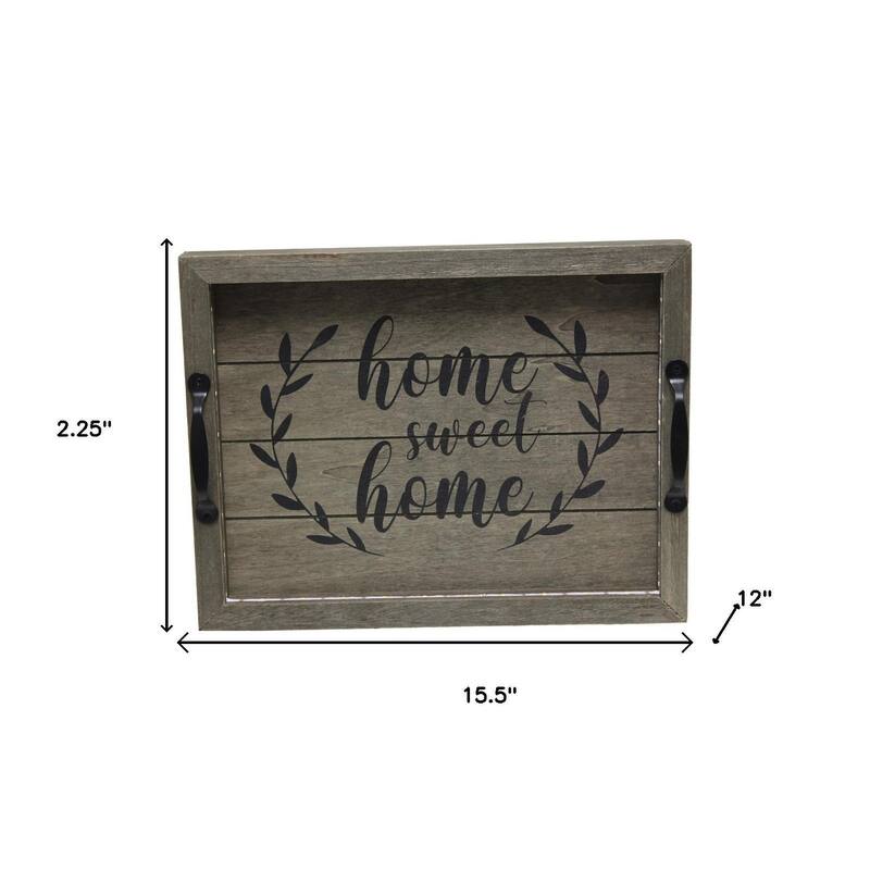 HomeRoots 16" Dark Gray And Black Home Sweet Home Serving Tray With Handles And LED Lights - 15.50 in. x 2.25 in. x 12.00 in.
