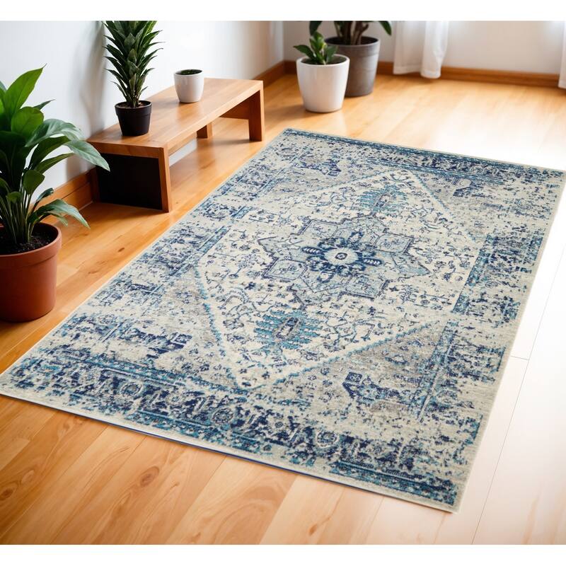 HomeRootsFloral Medallion Transitional Rectangle Area Rug - 72' X '48' X '0.5 - 72' X '48' X '0.5 - Light Blue/Ivory