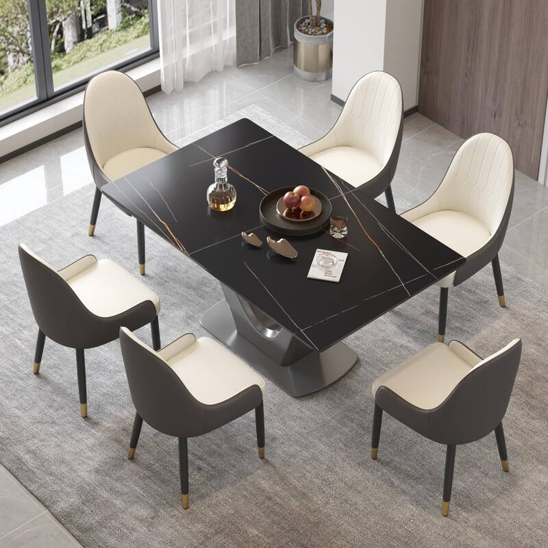 Classic Marble Dining Table Sintered StoneTable Top with Grey Pedestal - 63" - Black