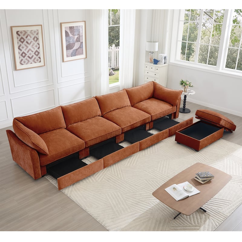 L-Shaped 4-Deep Seater Sectional Sofa Couch with 1 Movable Storage Ottoman & Pull out Drawers Under Each Seat