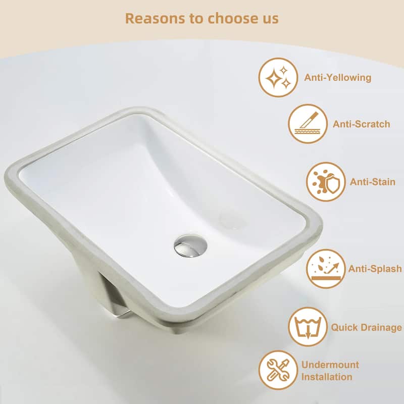 CB HOME 20'' x 14'' Undermount Bathroom Vanity Sink, Rectangle White Ceramic Bathroom Sink-(20-5/8''x14-1/2''x8-1/4'')