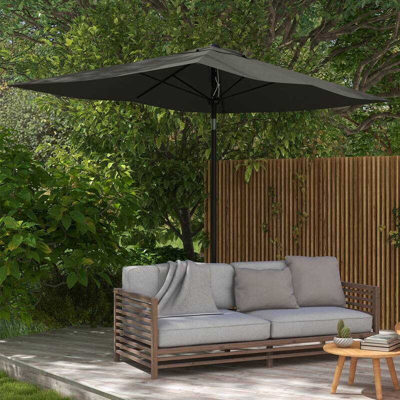 Outsunny 6.5' x 10' Rectangular Market Umbrella, Patio Outdoor Table Umbrella with Crank and Push Button Tilt, Dark Gray - Grey