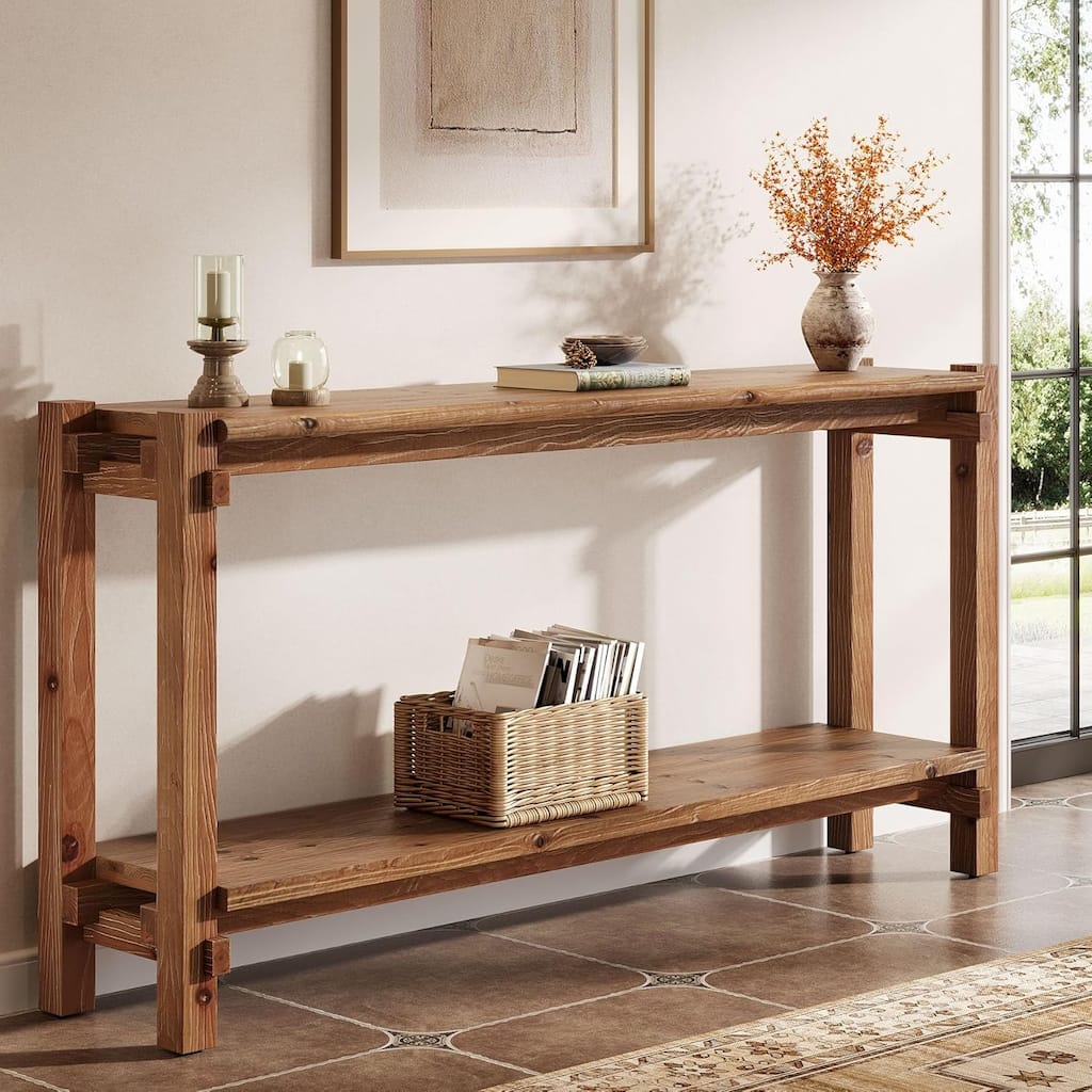 63-Inch Solid Wood Console Table, 2-Tier Narrow Entryway Table with Storage - 63" L x 11.8" W x 31.5" H