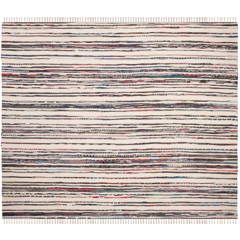 SAFAVIEH Handmade Rag Rug Jakayla with Fringe Casual Stripe - 6' Square - Ivory/Charcoal