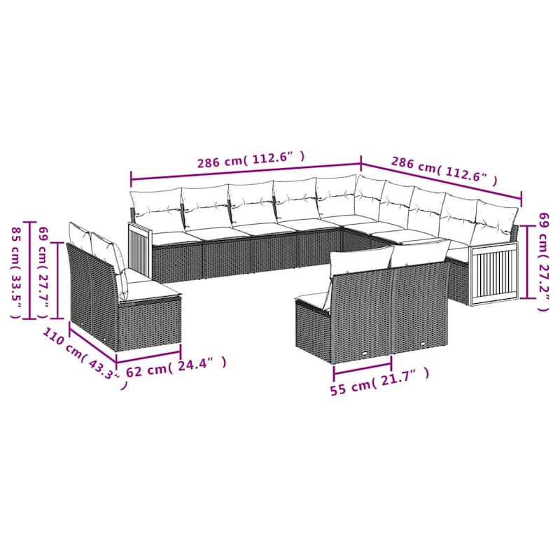 vidaXL 13 Piece Patio Sofa Set with Cushions Black Poly Rattan