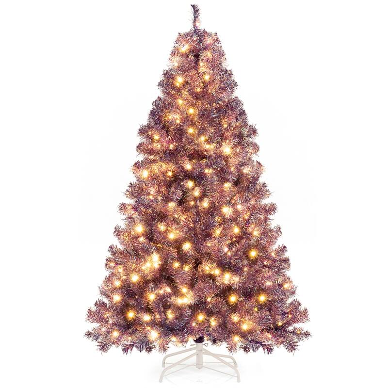 Gymax 6 FT Pre-Lit Tinsel Christmas Tree Artificial Xmas Tree w/ Lush - Purple