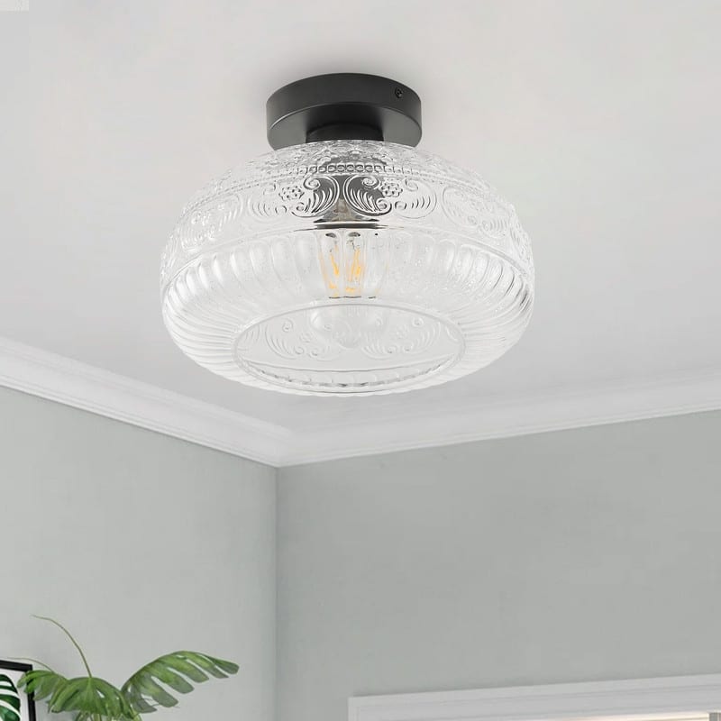 Modern 1-Light Black Semi Flush Mount Ceiling Fixture with Textured Clear Glass