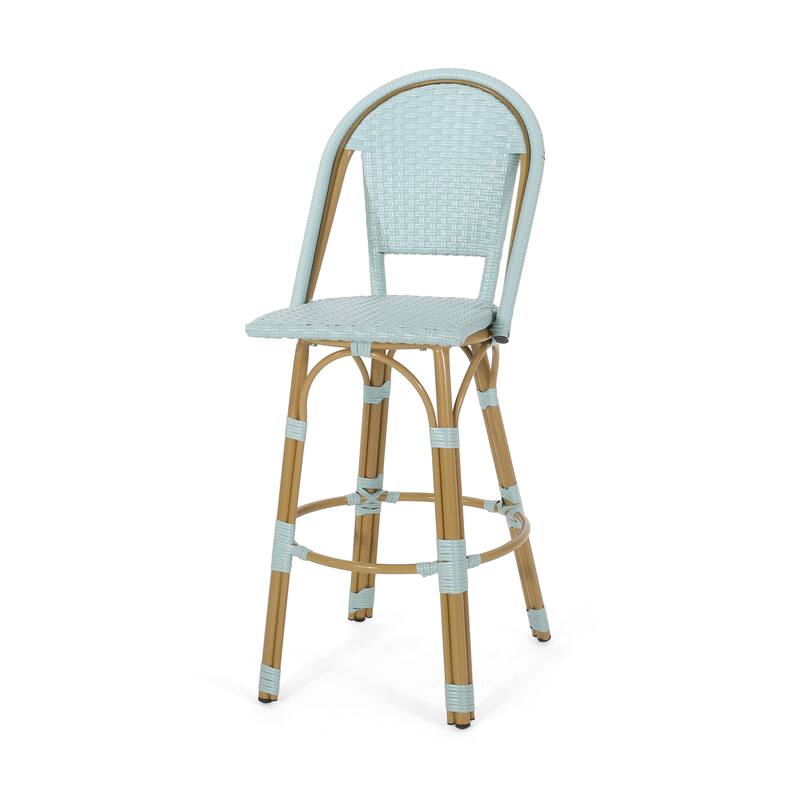 Roomfitters French Bistro Bar Stool Set of 2, 29.5'' Outdoor PE Rattan and Aluminum Counter Chairs with Footrest, Teal Blue