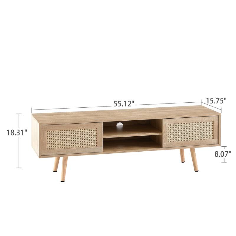 55.12" Rattan TV cabinet, double sliding doors for storage, adjustable shelf, TV console