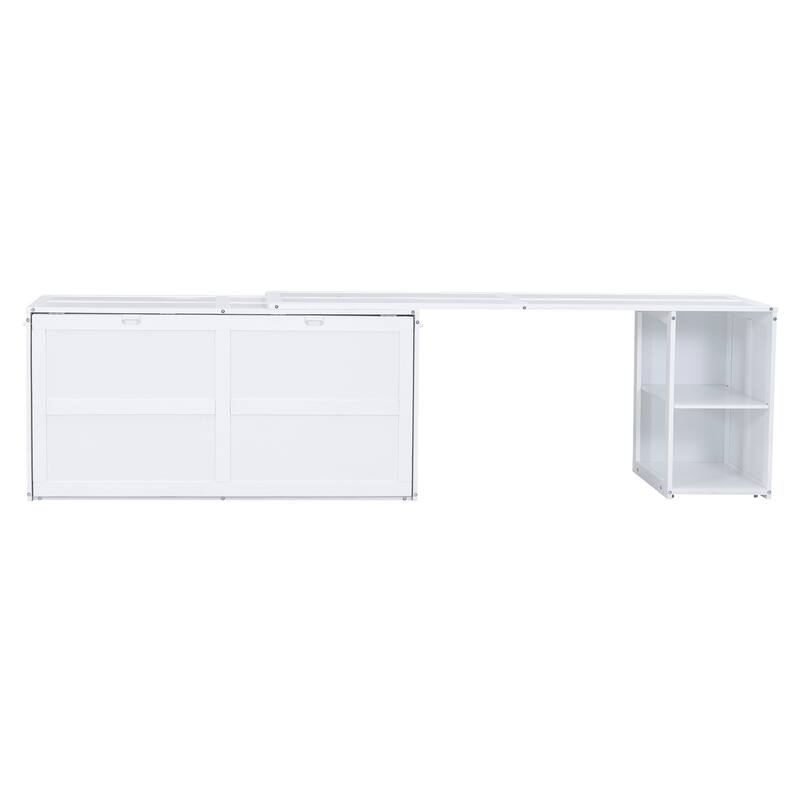 White Queen Murphy Bed with Rotating Desk and Shelves - Pine Wood and MDF Space-Saving Design