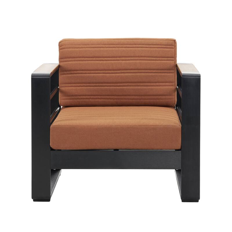 Roomfitters Modern Outdoor Club Chair with Slatted Metal Frame, Weather-Resistant Cushions and Wooden Armrests