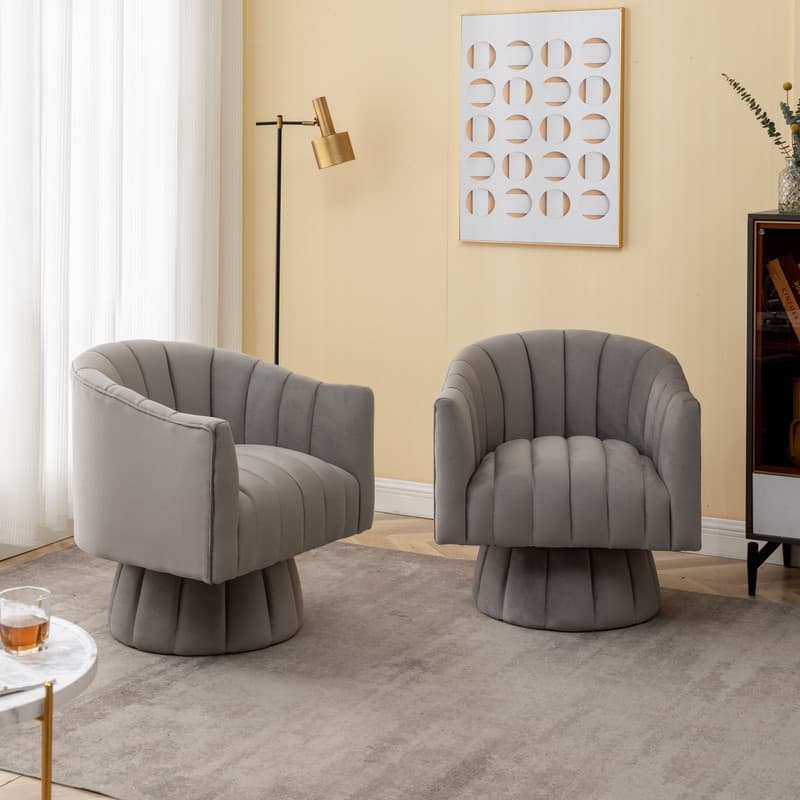 SEYNAR Modern Glam Velvet Upholstered Round 360 Degree Swivel Accent Barrel Chair Set of 2 - Grey