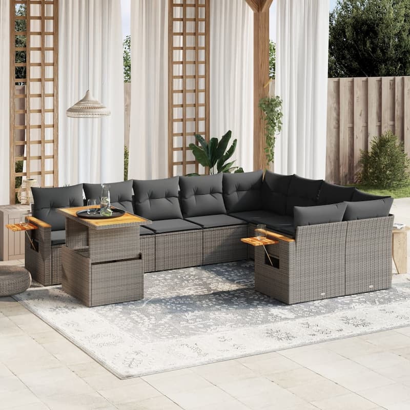 vidaXL Patio Sofa Set with Cushions Outdoor Furniture 10 Piece Poly Rattan - 21.7 x 39.4 x 28.7 in - Grey