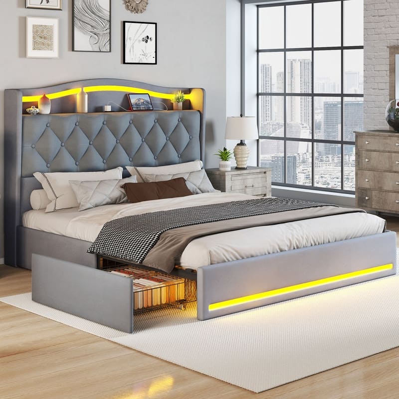 Moasis Queen Size Velvet Upholstered Bed Frame with 4 Storage Drawers & RGB Lights - Grey - Queen