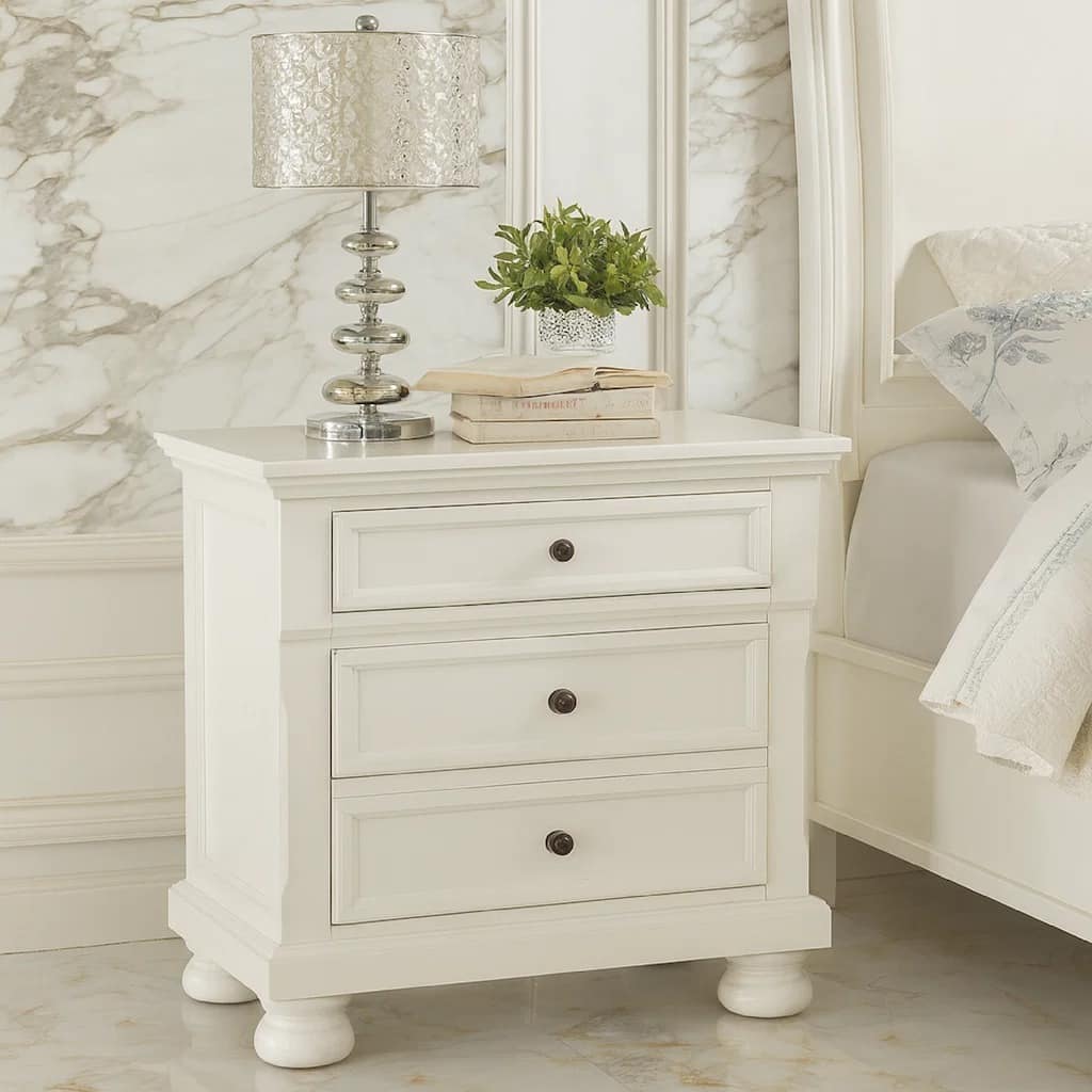 Transitional Style Two Drawer Wooden Night Stand with Round Bun Legs, White