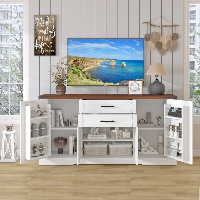 Coffee Bar Cabinet with Barn Doors & Drawers, Sideboard with Adjustable Shelves & Door Rack, Large Kitchen Storage Cabinet