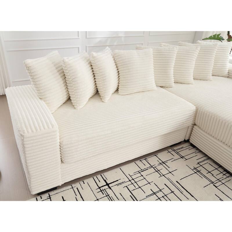 111" Corduroy L-Shape Sectional Sofa with Right Chaise, 8 Throw Pillows and Square Armrests